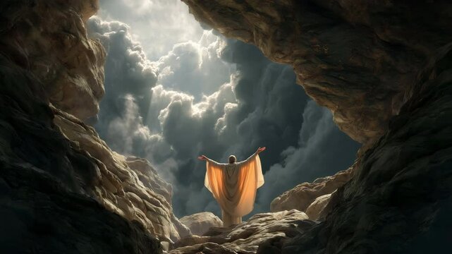 Majestic biblical scene depicting Moses in flowing robes standing at the entrance of a cave, illuminated by divine light, evoking themes of revelation and hope.