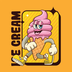 Funny Ice Cream Cartoon Characters in Retro 70s Illustration