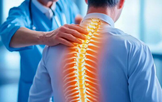 Medical professional assessing a patient's spine, promoting health and medical care.
