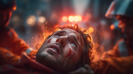 Obraz premium Close up of a person s face eyes closed surrounded by fierce glowing flames that cast an intense dramatic light on their features