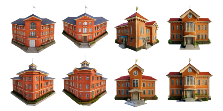 Red Brick Buildings with Classic Architecture and Unique Design Elements, Isolated on Transparent, white background - Powered by Adobe