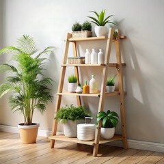 Wooden Ladder Shelf with Skincare Products and Plants