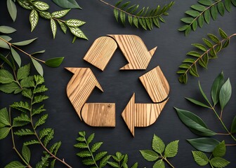 Wooden Recycle Symbol with Green Leaves on Dark Background