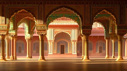 Majestic Indian Palace Courtyard, architecture, arches, columns, ornate, detailed