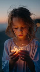 Naklejka premium Child admires sparklers at sunset on a beach while gentle waves lap the shore and the wind tousles her hair