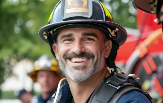 A smiling firefighter in uniform, ready to serve and protect with a happy expression.