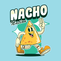 Funny Nachos Mexican Food Cartoon Characters in Retro 70s Illustration