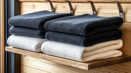 Neat Stacks of Gray and Off White Towels on Rustic Wooden Shelf