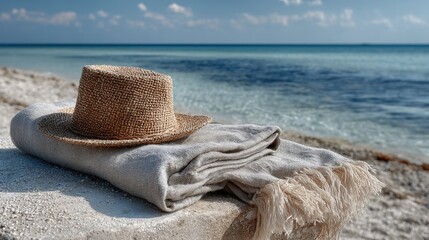 Light linen blanket with a woven beach hat on calm beach, empty right 