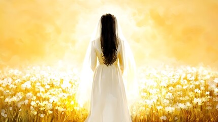 Bride in a Field of Flowers at Sunset, wedding, dress, veil, woman, back view