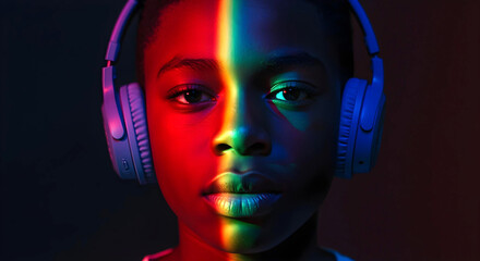 Autistic Black child boy with noise cancelling headphones with spectrum of light in rainbow colors on this face symbolizing neurodiversity awareness, spectrum of autism and sensory sensitivity