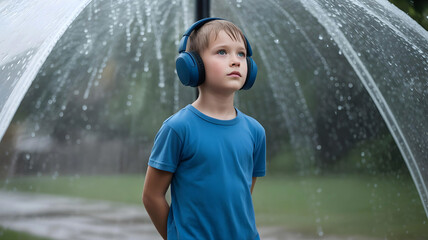 Neurodivergent autistic boy with headphones under clear dome in the rain symbolizing sensory shelter and self regulation