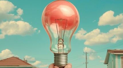 Person Holding a Red Tinted Lightbulb Against a Blue Sky