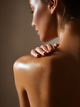 Close-up of a White woman&rsquo;s back with her hand applying oil to her skin. Intimate and elegant feel.