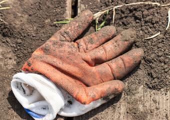 A dirty orange glove is laying on the ground