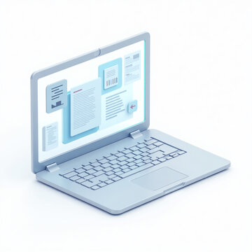 3D Web Icon Illustration of an open silver laptop with screen glowing, displaying college assignments, set against a white background