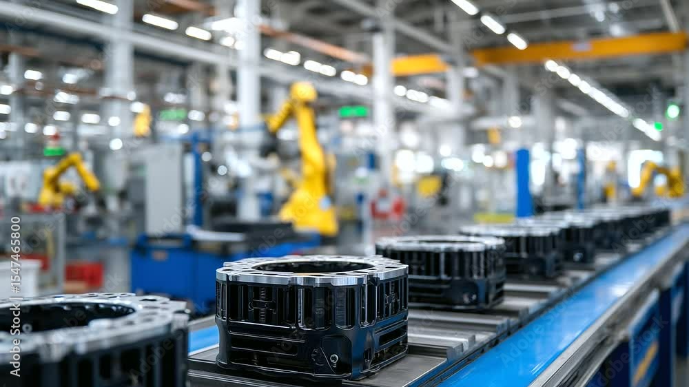 Poster array of cast-iron gearboxes and engine mounts lined up for inspection, with robotic arms assembling