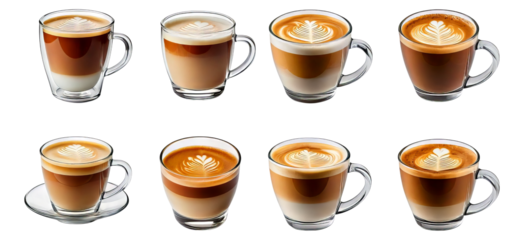 Various Types of Coffee Drinks with Beautiful Latte Art Displayed, Isolated on Transparent, white background