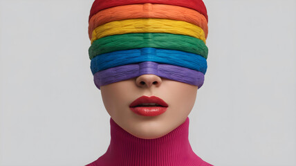 Closeup of an autistic woman with rainbow ribbons over eyes symbolizing spectrum of autism, identity, pride and neurodivergent visibility