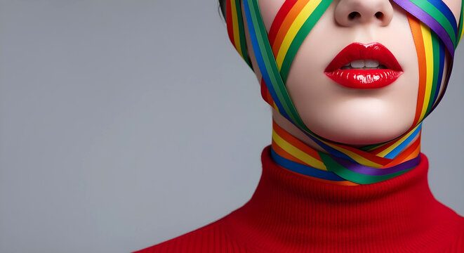 Closeup of an autistic woman with rainbow ribbons over eyes symbolizing spectrum of autism, identity, pride and neurodivergent visibility