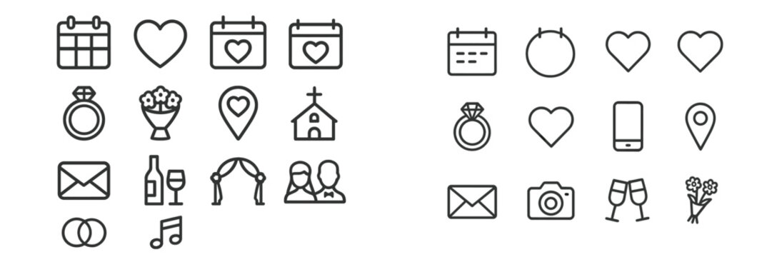 Various icons representing wedding planning activities, love symbols, and celebrations for an upcoming event in a minimalist style