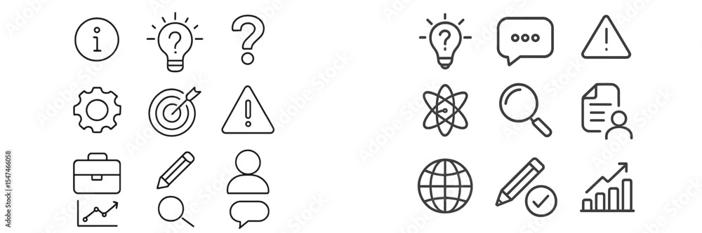 Poster Variety of minimalist icons representing concepts like information, queries, goals, warnings, and analysis in a structured layout
