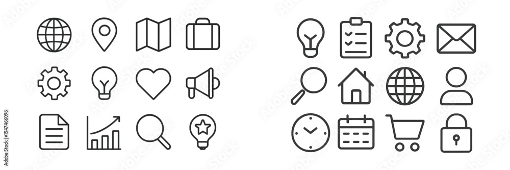 Aufkleber Icons representing various concepts in travel, communication, and organization displayed in a clean and minimalistic style