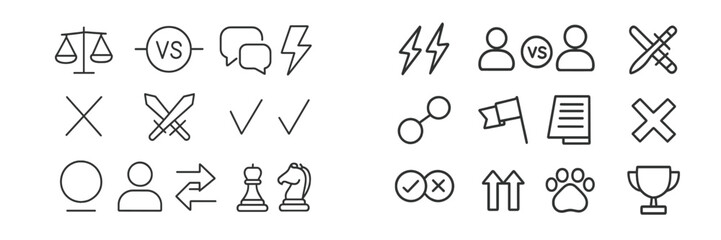 Icons representing competition, challenges, and decision-making processes in various contexts and activities