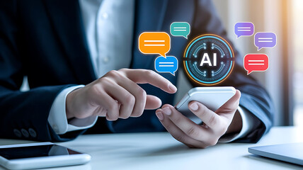 Person Using AI Chatbot on Smartphone – Digital Speech Bubbles, LLM Interaction, and Virtual Assistant Technology

