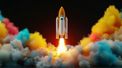 Obraz premium Pixel Art Space Shuttle Launch Amidst Multicolored Clouds