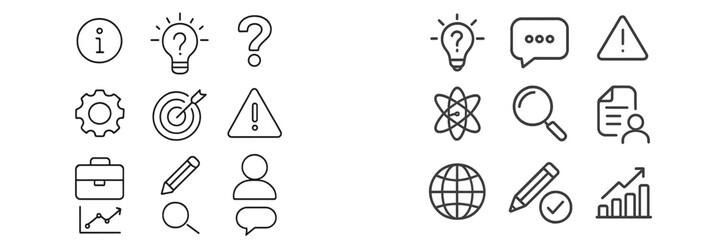 Variety of minimalist icons representing concepts like information, queries, goals, warnings, and analysis in a structured layout