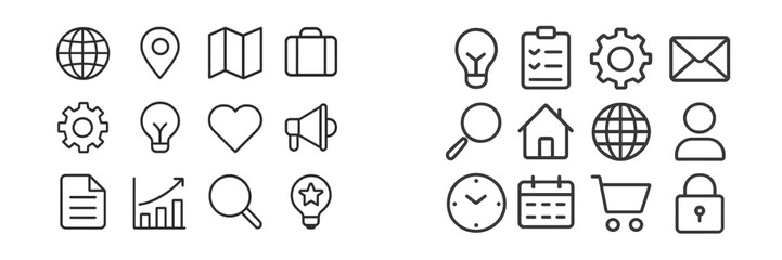 Icons representing various concepts in travel, communication, and organization displayed in a clean and minimalistic style