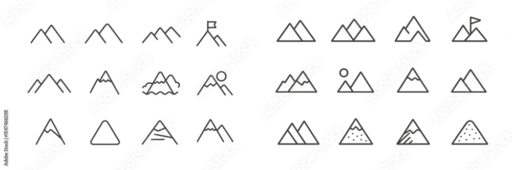 Poster various outlined mountain designs showcasing different shapes, styles, and elements in a minimalist 