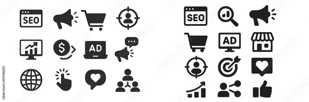 Poster set of black and white marketing and seo icons on a simple background representing various digital m