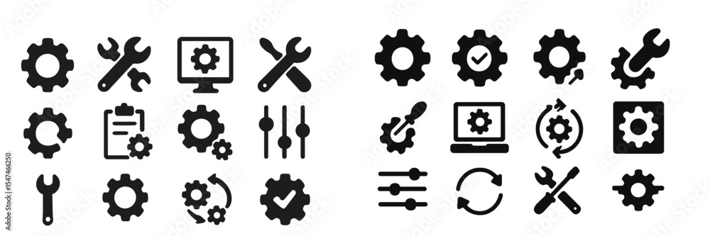 Poster Collection of black gear and tool icons for tech and mechanical themes displayed on a white background