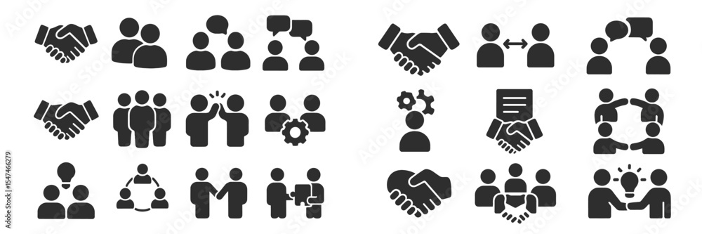 Poster diverse set of icons illustrating teamwork, collaboration, and communication in professional setting