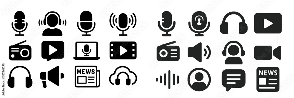 Aufkleber icons representing various media and communication tools for audio and visual content creation in di