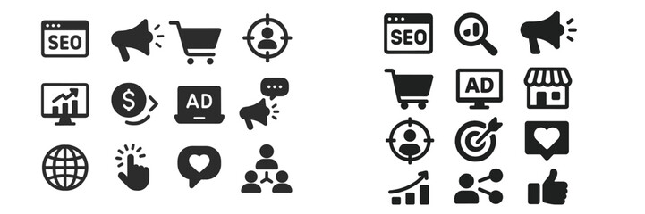 Set of black and white marketing and SEO icons on a simple background representing various digital marketing concepts