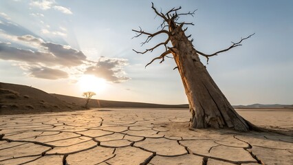 Trunk of a dead tree with bark stripped off, dry cracked wood surface exposed to sun