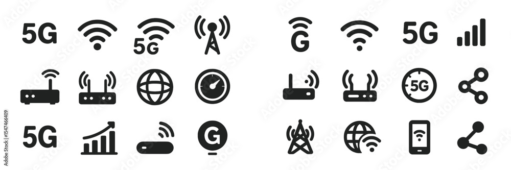 Poster collection of 5g technology icons representing wireless connectivity and communication systems