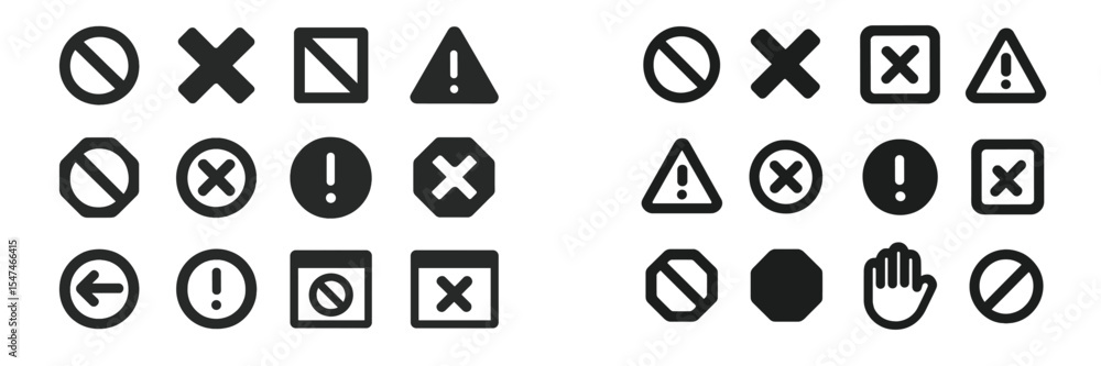 Poster collection of various warning and prohibition symbols displayed in a grid format on a plain backgrou