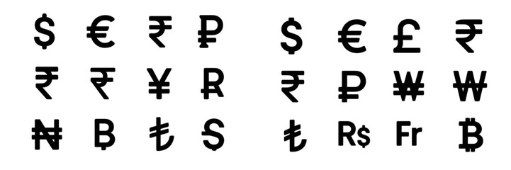 Fototapeta premium Currency symbols displayed in bold black on white background showcasing global finance diversity and economic representation