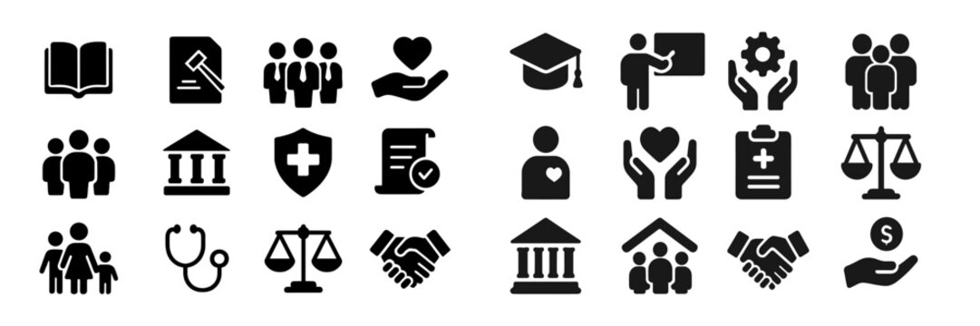 Icons representing various professions, education, healthcare, and community services on a plain background