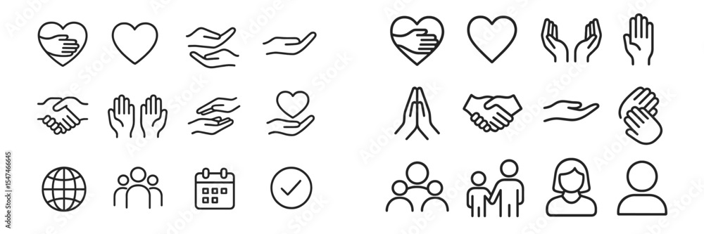 Poster various hand and heart symbols representing unity, care, and community themes in a minimalist style