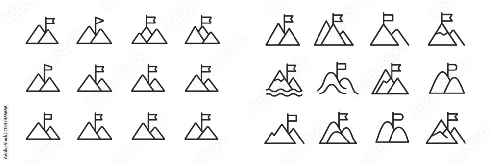 Aufkleber Simple black and white line drawings of mountains with flags in various orientations and wave patterns