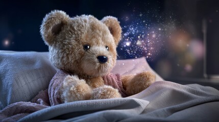 A teddy bear is sitting on a bed with a blanket
