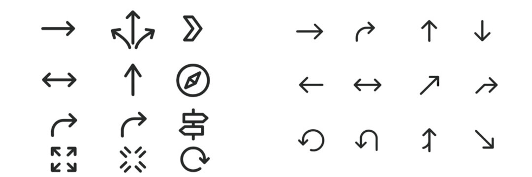 Collection of directional symbols and arrows used in navigation and orientation for travel and mapping purposes