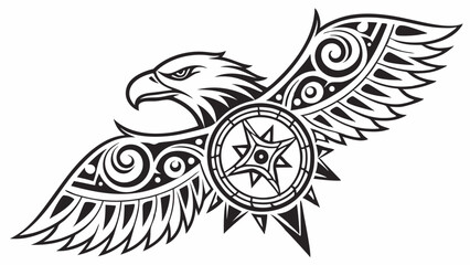 Obraz premium Tribal eagle tattoo design with spread wings and a central star compass symbol. Black and white powerful bird art.