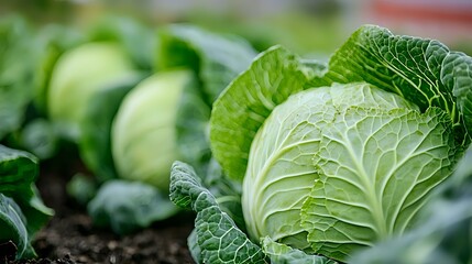Fresh green cabbage growing in vegetable garden, close up view of organic produce with textured leaves and natural soil background. Healthy farm agriculture.