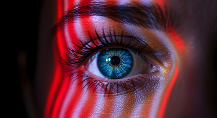 Closeup of human eye with rainbow spectrum of light reflection symbolizing neurodivergent vision, spectrum of autism, atypical perception and sensory experience